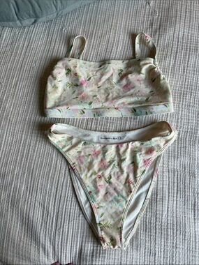 Abercrombie & Fitch Cream Floral Girls' Bikini Set with Pink and Green Accents
